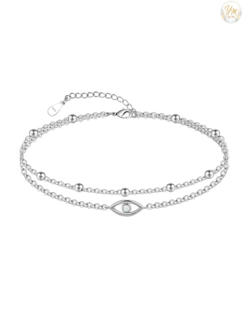 925 Sterling Silver Adjustable Layered Anklet with Evil Eye & Opal Charms, Boho